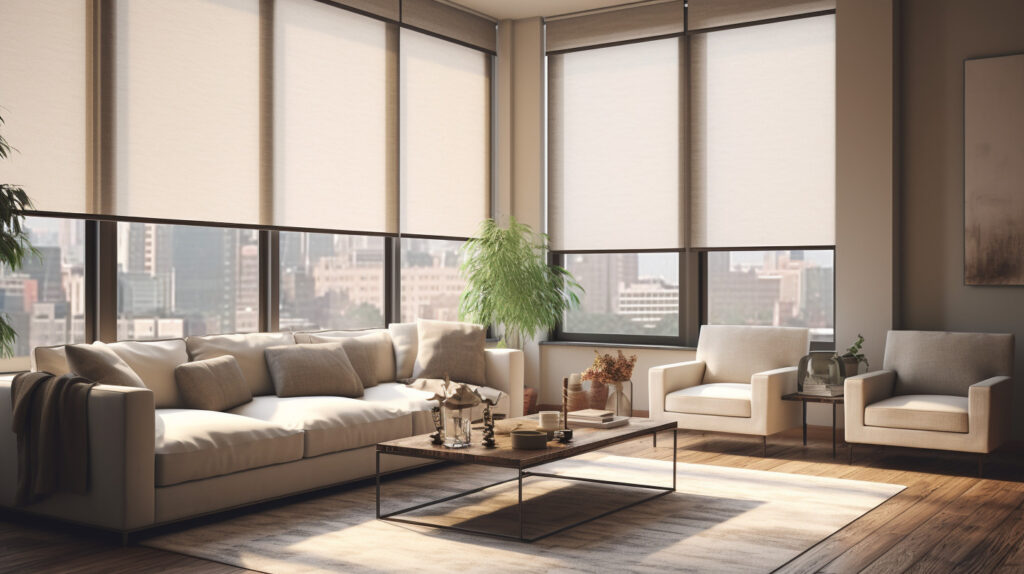 Living room with roller shades and blackout blinds