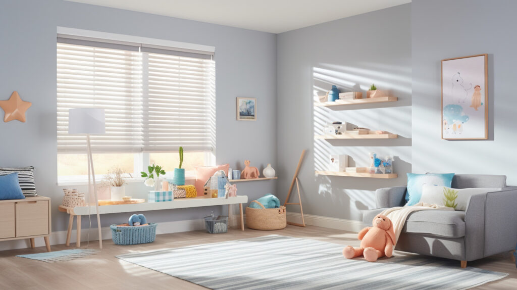 Child's room with safe window shutters and blinds